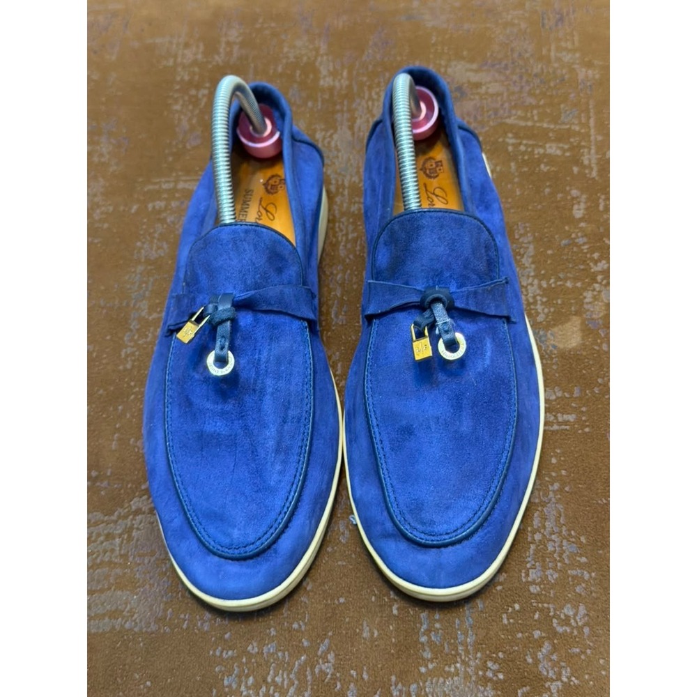 Loro Piana Summer Walk Royal Blue Suede Loafers Shoes Italy 38 K 53076